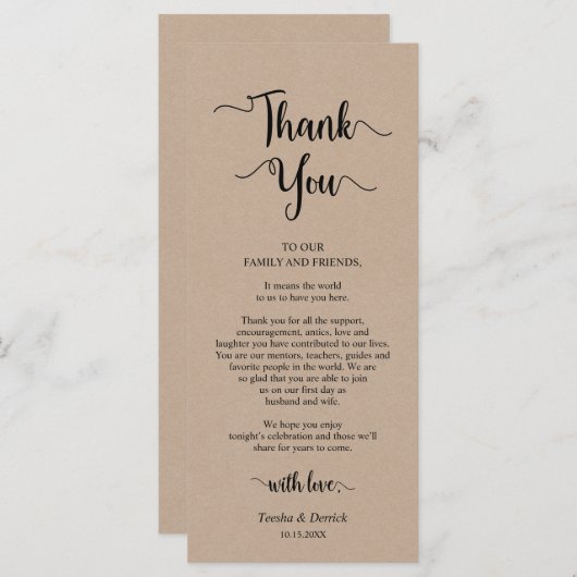 Empfang Platzierung Danke, Kraft Cards Programm (Vorne/Hinten)