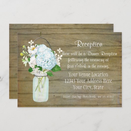 Empfang Rustic Country Mason Jar Blue Hydrangeas Einladung (Vorne/Hinten)