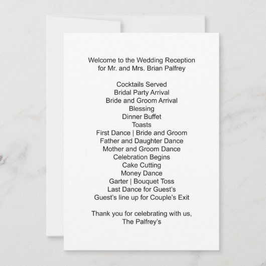 Empfang Schedule Mr. and Mrs. Palfrey Einladung (Vorderseite)