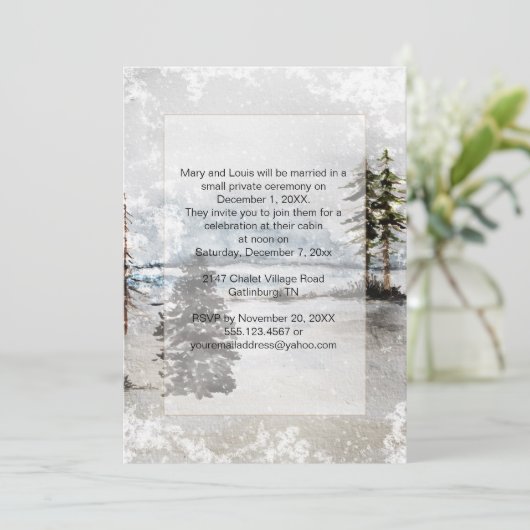 Empfang Snow Lake Fir Pine Trees Nur Hochzeit Einladung (Stehend Vorderseite)