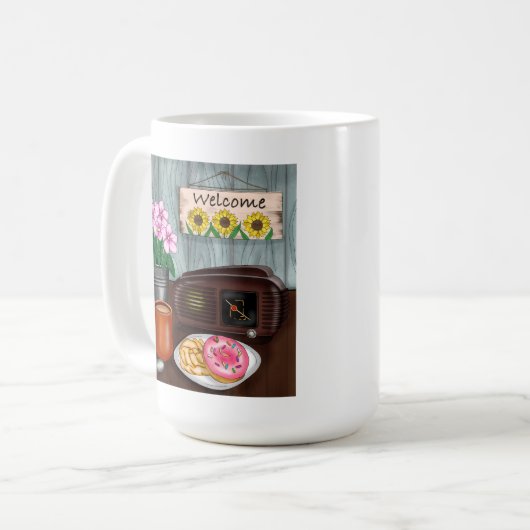 Empfang, Sonnenblumen, Donuts und Kaffee Kaffeetasse (Vorderseite Links)