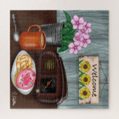 Empfang, Sonnenblumen, Donuts und Kaffee Puzzle (Horizontal)