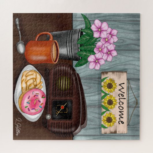 Empfang, Sonnenblumen, Donuts und Kaffee Puzzle (Horizontal)