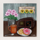 Empfang, Sonnenblumen, Donuts und Kaffee Puzzle (Vertikal)