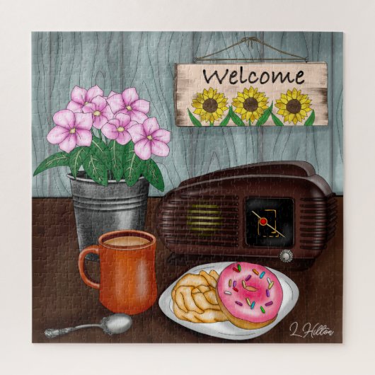 Empfang, Sonnenblumen, Donuts und Kaffee Puzzle (Vertikal)