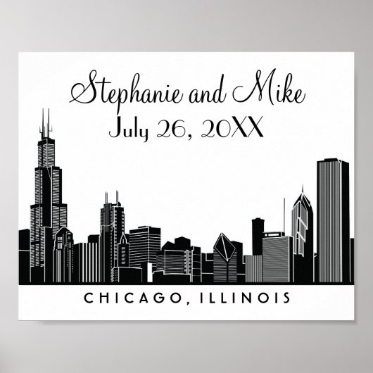 Empfang von Chicago Skyline Black Wedding Poster (Vorne)