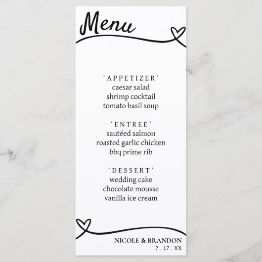 Empfang von White & Black Couple Heart Menükarte (Vorderseite)