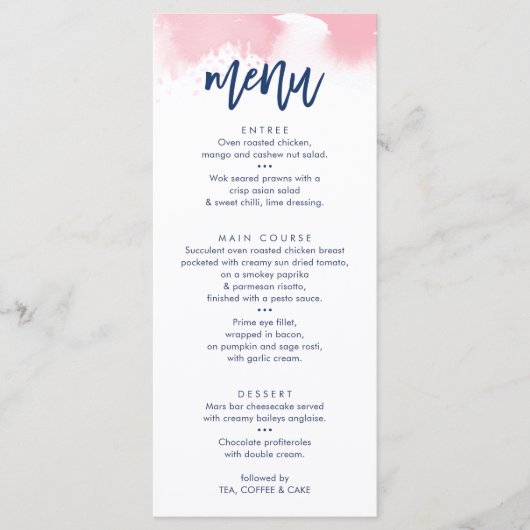 EMPFANG WEDDING MENU niedliche Marine rosa Aquarel Menükarte (Vorderseite)