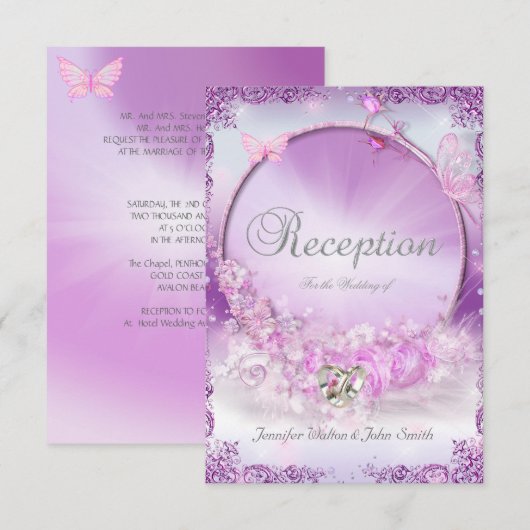 Empfang Wedding Pink Lilac Rings Butterfly Einladung (Vorne/Hinten)