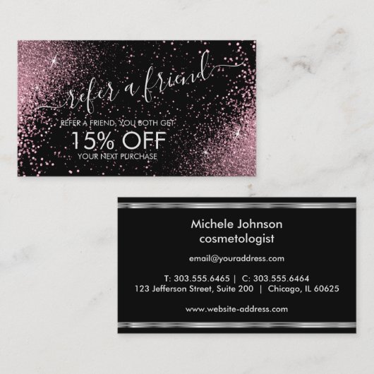 Empfehlen Sie einen Freund - Rosa Glitzer - Silber Empfehlungskarte (Vorne/Hinten)