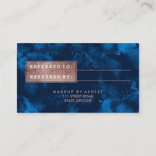 Empfehlungs-Rosengoldtypographie-Marineblau Empfehlungskarte (Rückseite)