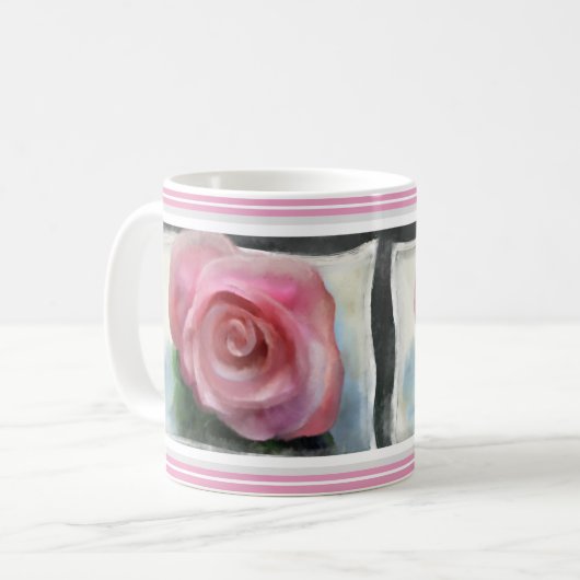 Empfindliche Rose gerahmt mit rosa u. grauer Kaffeetasse (Vorderseite Links)