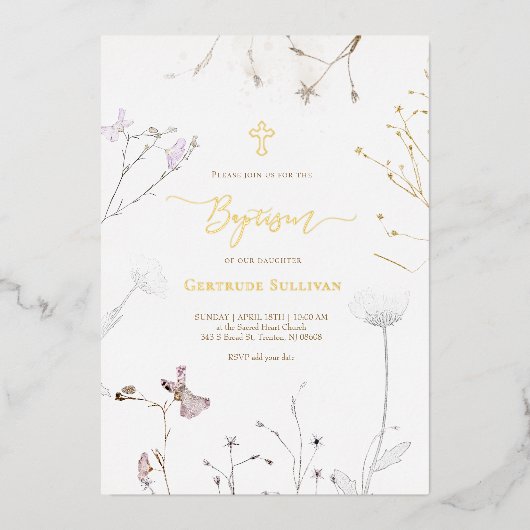 empfindliche Wildblumen Taufe Folieneinladung (Vorderseite)