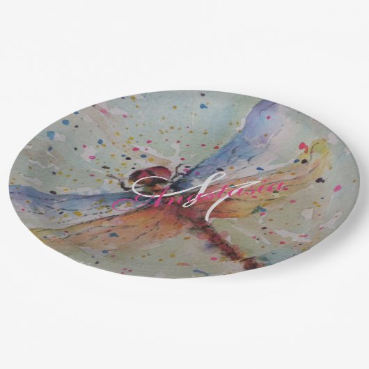 EMPFINDLICHES DRACHE-FLIEGEN-MONOGRAMM-PARTY PAPPTELLER (Schrägansicht)