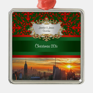 Empire St Bldg Sunset NYC Red Green Damask Xmas Silbernes Ornament