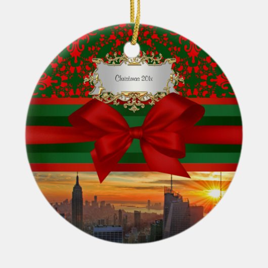 Empire St Bldg Sunset NYC Red Grn Damask Xmas #2R Keramik Ornament (Vorne)