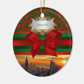 Empire St Bldg Sunset NYC Red Grn Damask Xmas #2R Keramik Ornament (Links)