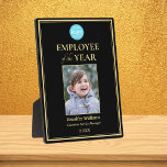 Employee of the Year Company Logo Photo Black Gold Fotoplatte<br><div class="desc">Create your own custom, personalized, beautiful, elegant, professional, UV resistant gloss coating, black and faux gold, hardboard panel display plaque with attached easel stand, business office corporate employee recognition / appreciation, photo name logo award plaque. To personalize, enter the name of the employee / staff / executive, their designation, month...</div>