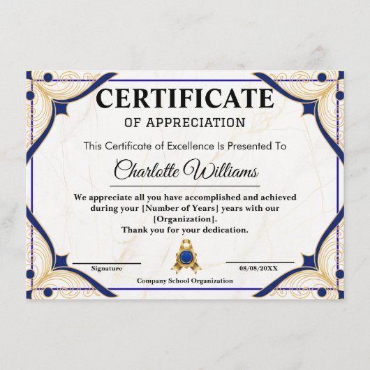 Employee Recognition Certificate Blue Gold Begleitkarte (Vorderseite)