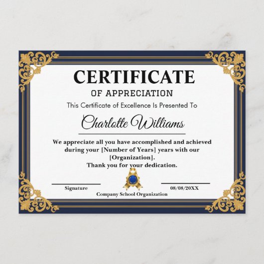 Employee Years of Service Certificate Gold Begleitkarte (Vorderseite)