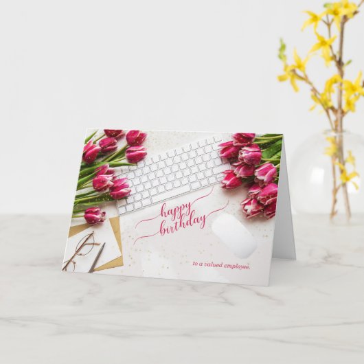 Employee's Birthday Pink Tulips and Desktop Karte (Gelbe Blume)