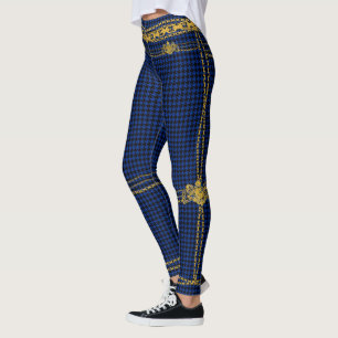 Empress Gold Chain Emblem Black Blue Hahnentrittmu Leggings
