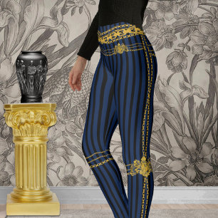 Empress Gold Chain Lion Emblem Black Blue Strip Leggings
