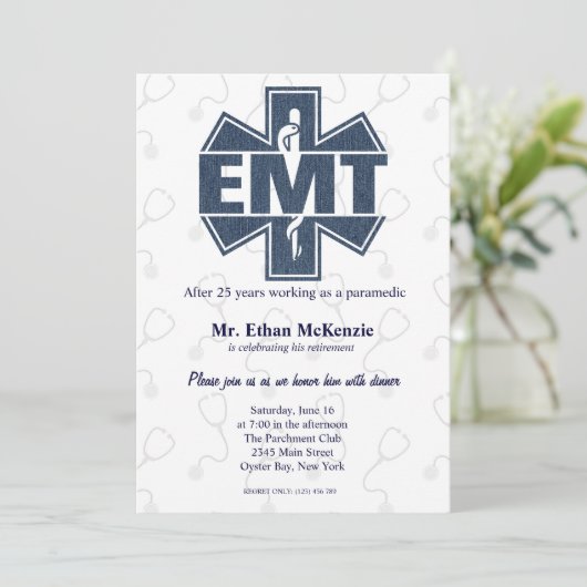 EMT Ruhestand Denim Textur Einladung (Stehend Vorderseite)