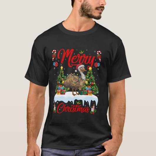 Emu Bird Xmas Tree Lighting Weihnachtsmannmütze Em T-Shirt (Vorderseite)