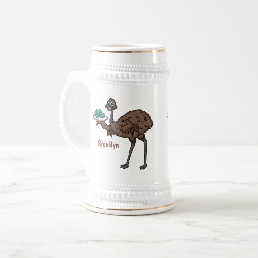 Emu mit Eiern Cartoon-Abbildung Bierglas (Vorderseite Links)
