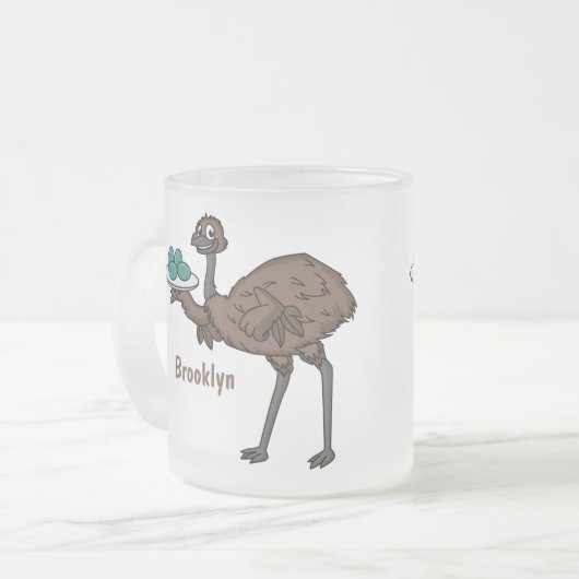 Emu mit Eiern Cartoon-Abbildung Mattglastasse (Vorderseite Links)