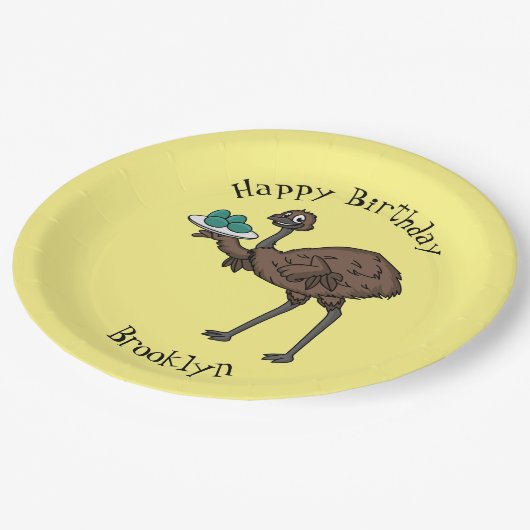 Emu mit Eiern Cartoon-Abbildung Pappteller (Schrägansicht)