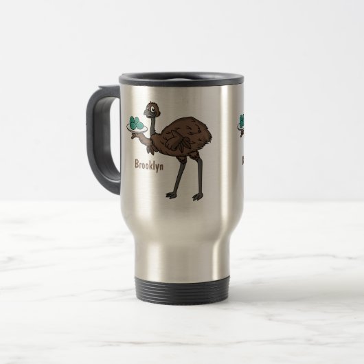 Emu mit Eiern Cartoon-Abbildung Reisebecher (Vorderseite Links)