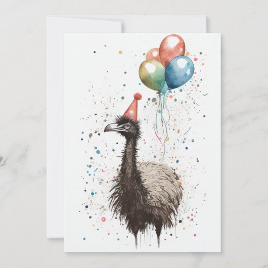 Emu mit Party Hat und Balloons Flat Greeting Card Dankeskarte (Vorderseite)