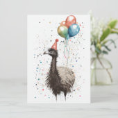 Emu mit Party Hat und Balloons Flat Greeting Card Dankeskarte (Stehend Vorderseite)
