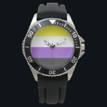 Enby-Flag (nicht binärer Stolz) Armbanduhr<br><div class="desc">Dieses Design enthält die nichtbinäre Stolperflagge, die Personen repräsentiert, die sich als nichtbinär (auch nichtbinär geschrieben) oder genderqueer identifizieren, wobei es sich um ein Spektrum von Geschlechtsidentitäten handelt, die nicht ausschließlich männlich oder weiblich ‍ sind, sondern außerhalb des Geschlechterbinärs liegen. Nichtbinäre Identitäten können unter den transgenderen Schirm fallen, da sich...</div>