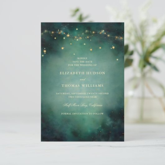 Enchangerman Forest Emerald Gold Fairy Lights Hoch Save The Date (Stehend Vorderseite)