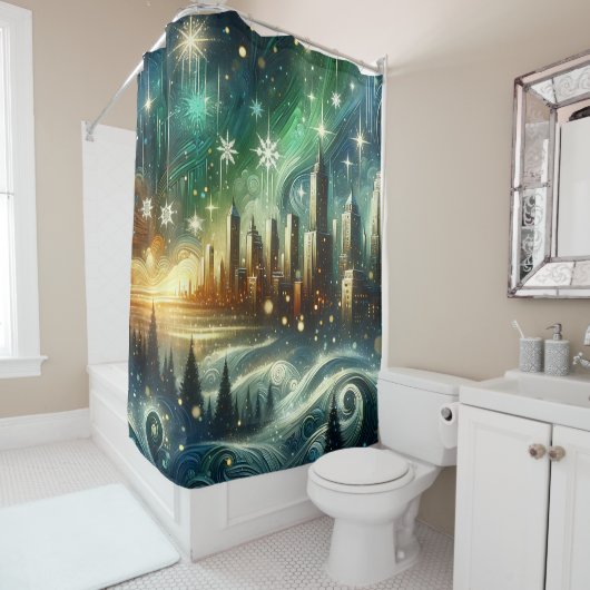 "Enchanted Aurora Winter Citycape" Duschvorhang (Beispiel)