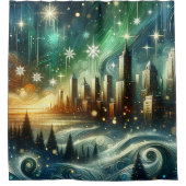 "Enchanted Aurora Winter Citycape" Duschvorhang (Vorderseite)