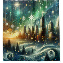 "Enchanted Aurora Winter Citycape" Duschvorhang