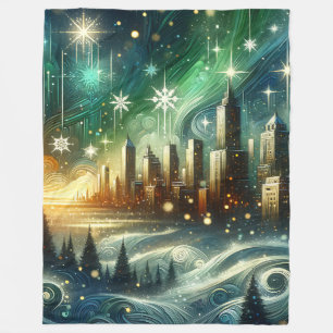 "Enchanted Aurora Winter Citycape" Fleecedecke