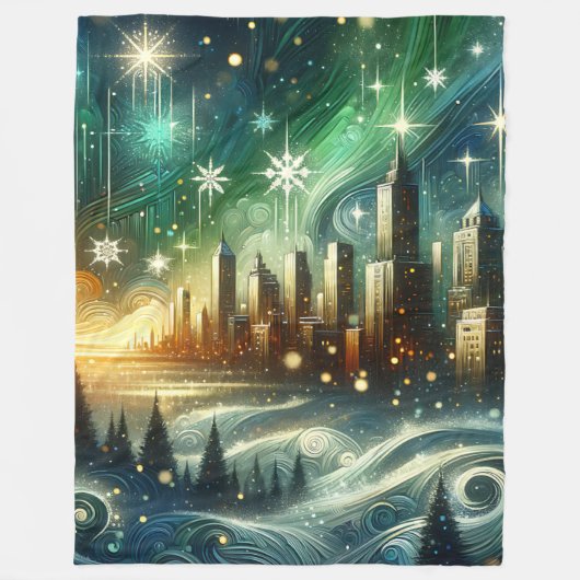 "Enchanted Aurora Winter Citycape" Fleecedecke (Vorderseite)