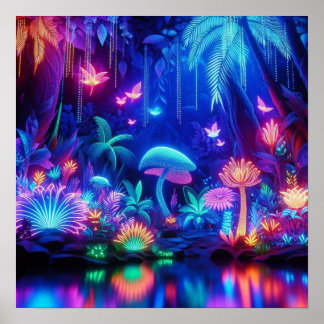 Enchanted Bioluminescent Tropical Neon Forest Poster