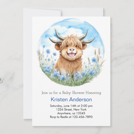 Enchanted Blue Highland Cow Boy Baby Shower Einladung (Vorderseite)