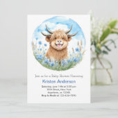 Enchanted Blue Highland Cow Boy Baby Shower Einladung (Stehend Vorderseite)