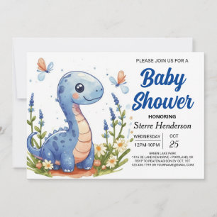 Enchanted Blue Modern Dinosaur Boy Baby Dusche Einladung