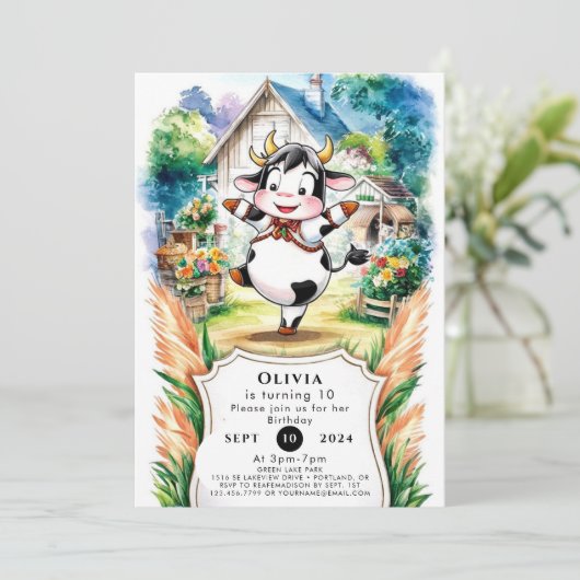 Enchanted Boho Cow Birthday Einladung (Stehend Vorderseite)