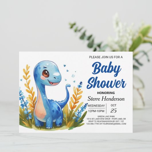 Enchanted Boho Niedlich Dinosaur Boy Baby Shower Einladung (Stehend Vorderseite)