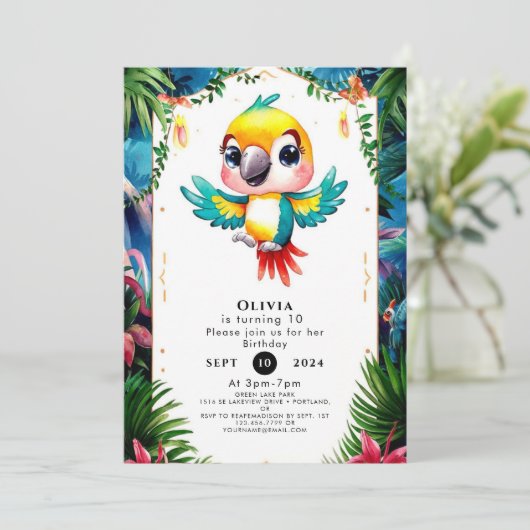 Enchanted Boho Parrot Birthday Einladung (Stehend Vorderseite)
