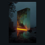 Enchanted Crystal Monolith Forest Glow Poster<br><div class="desc">A towering rectangular crystal monolith stands on a misty rocky shoreline at twilight. Inside its translucent depths, a vibrant lush forest with dense green trees glows with warm golden-orange light that spills out as a radiant horizontal band, perfectly reflected on the wet rocks and shallow water below. The dark exterior...</div>